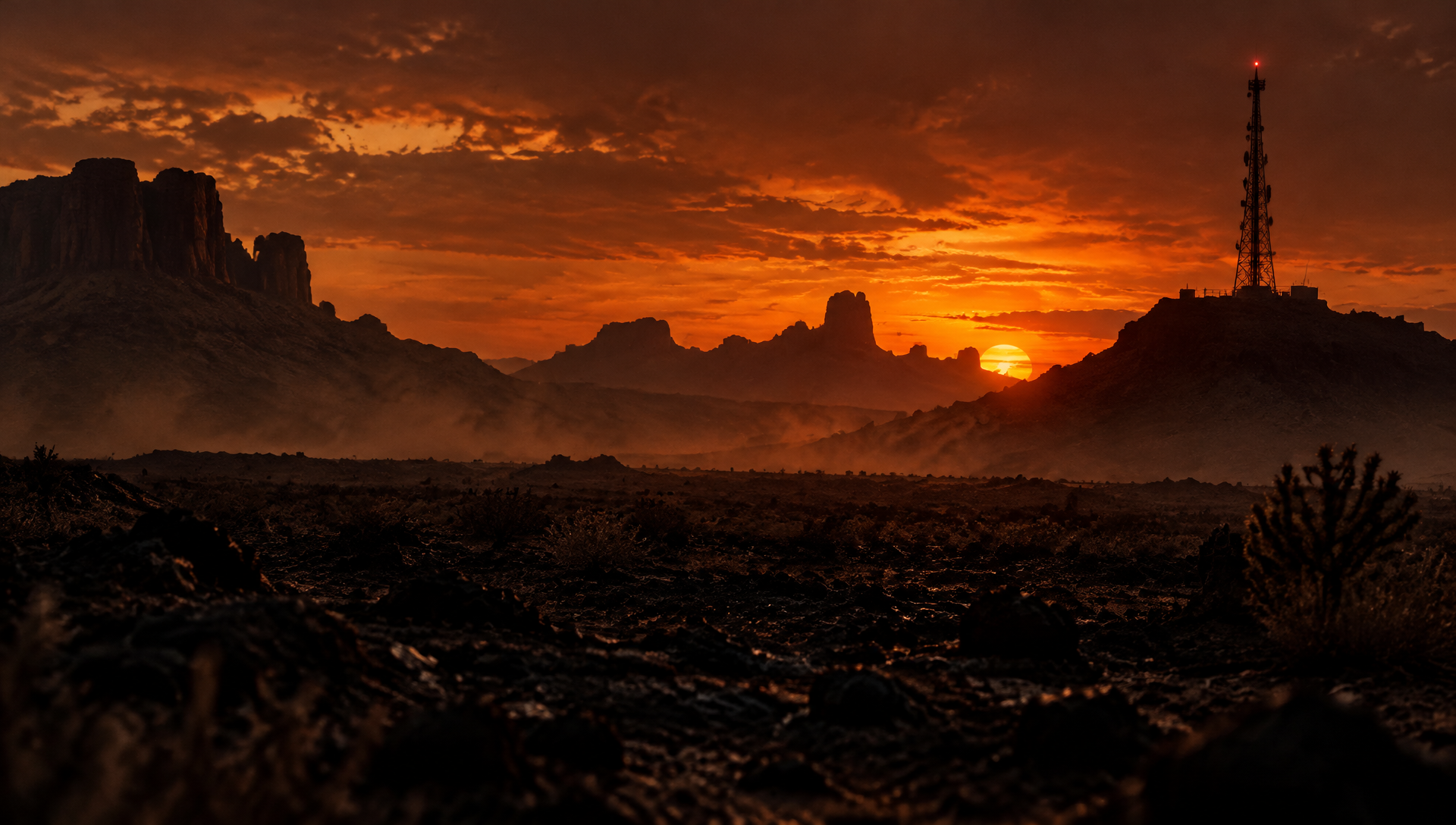 A lone radio tower with a red beacon stands over the Arizona desert at sunset.